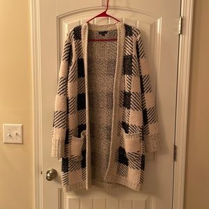 Thick chenille cardigan- black and cream- very warm. 37.5’ from shoulder to hem.